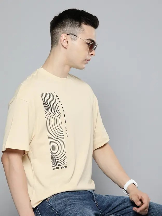 Indian Terrain Men's Half Sleeve Oversized Cream Round Neck T-Shirt